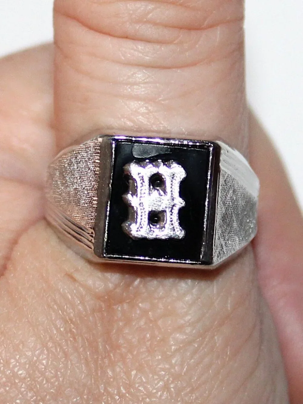 Sterling Silver Onyx Initial H Ring